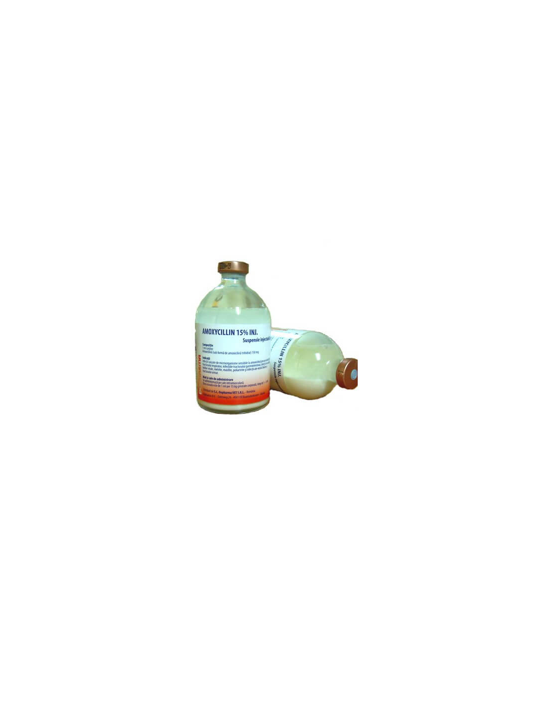 Two bottles of AMOXYLIN 15% injection, 100ml, for intramuscular administration and correct dosing.