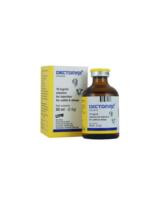Dectomax Injectable 50ml bottle and packaging for effective livestock parasite treatment.