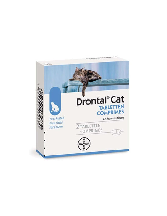 Drontal Cat dewormer tablets packaging for intestinal parasite treatment in cats with a cat image on top.